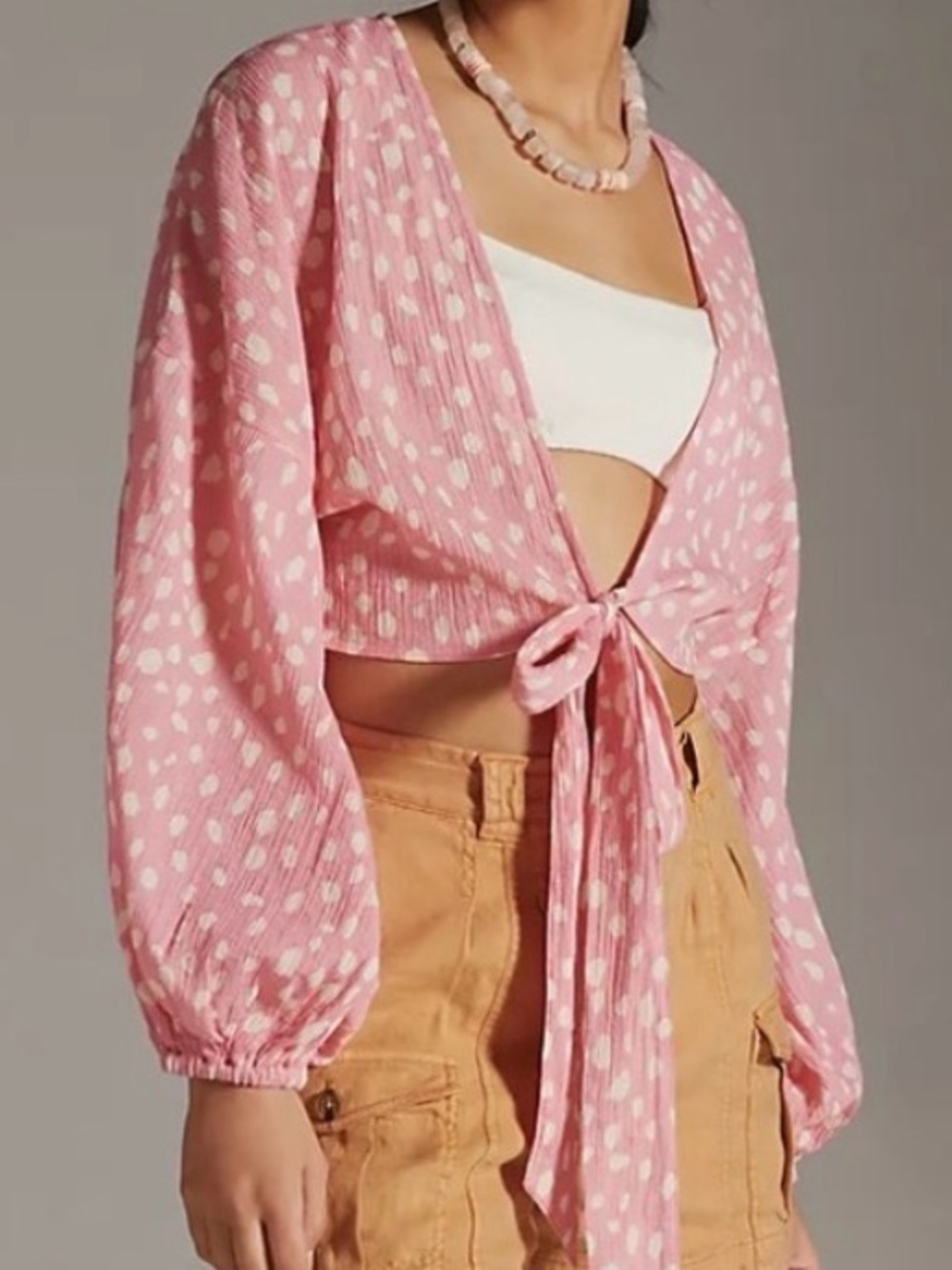 Anthropologie | Tie Front Kimono In Pink With Dot Print - 100% Cotton -Boho Chic